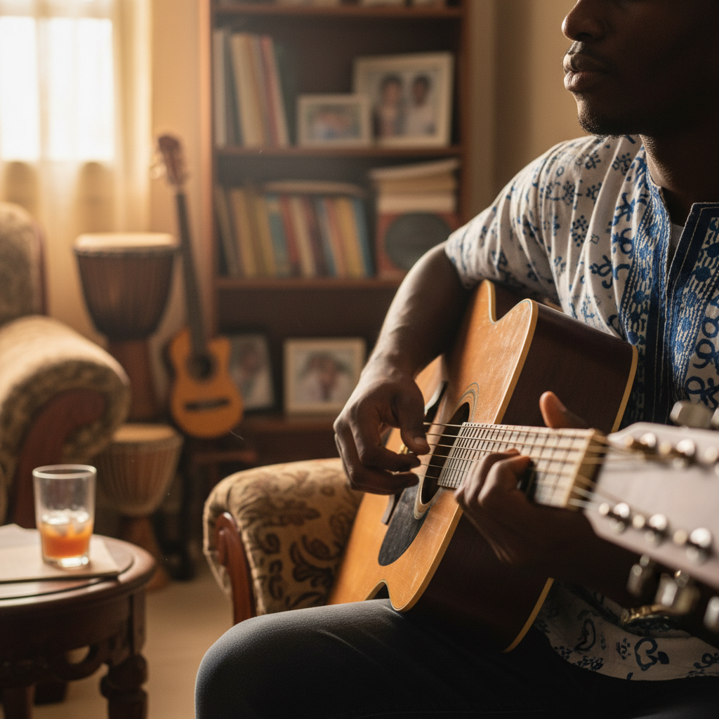 A close-up shot of a person's hands skillfully playing an acoustic guitar.
