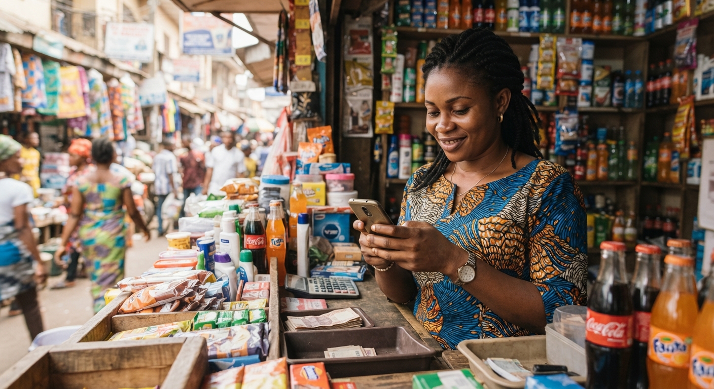 Nigerian shop owner checking their phone for payment alerts behind their counter