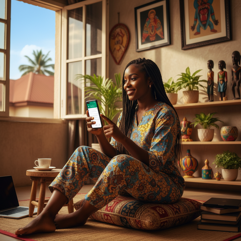 A young Nigerian woman smiling as she easily books a nail appointment on her smartphone using the TrustAm app.