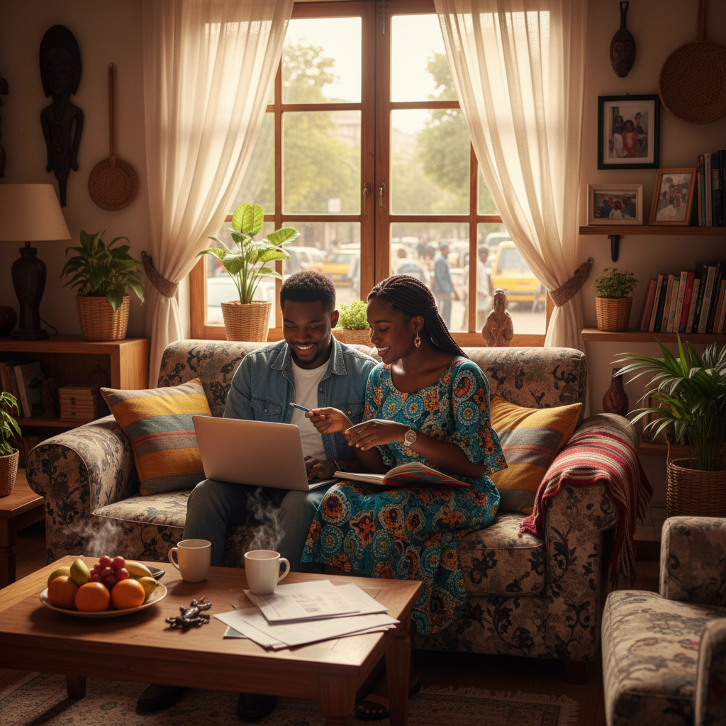 A Nigerian couple sitting on a sofa, looking at decorator portfolios on a laptop.