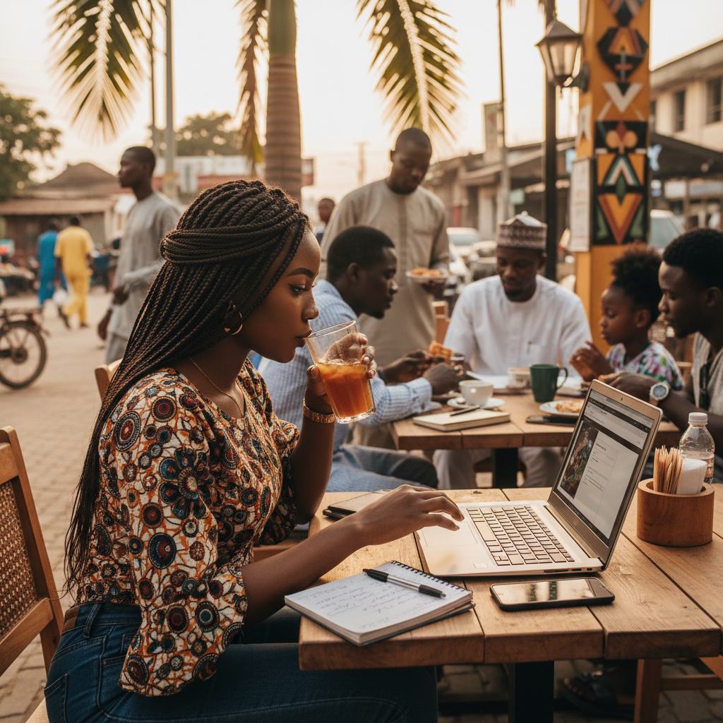 A young Nigerian massage therapist creating her business plan on a laptop.