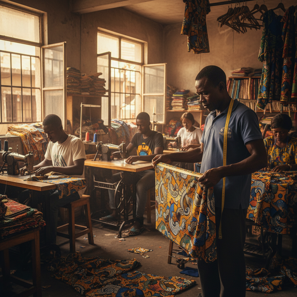 A Nigerian tailor carefully measuring ankara fabric on a cutting table in a busy workshop.