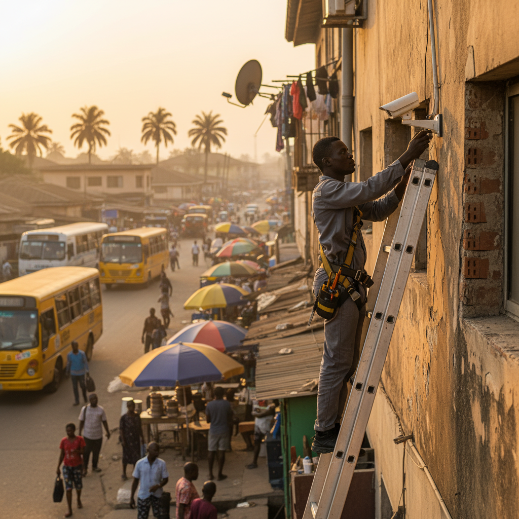 A Nigerian CCTV installer on a ladder fitting a security camera to the exterior of a house.
