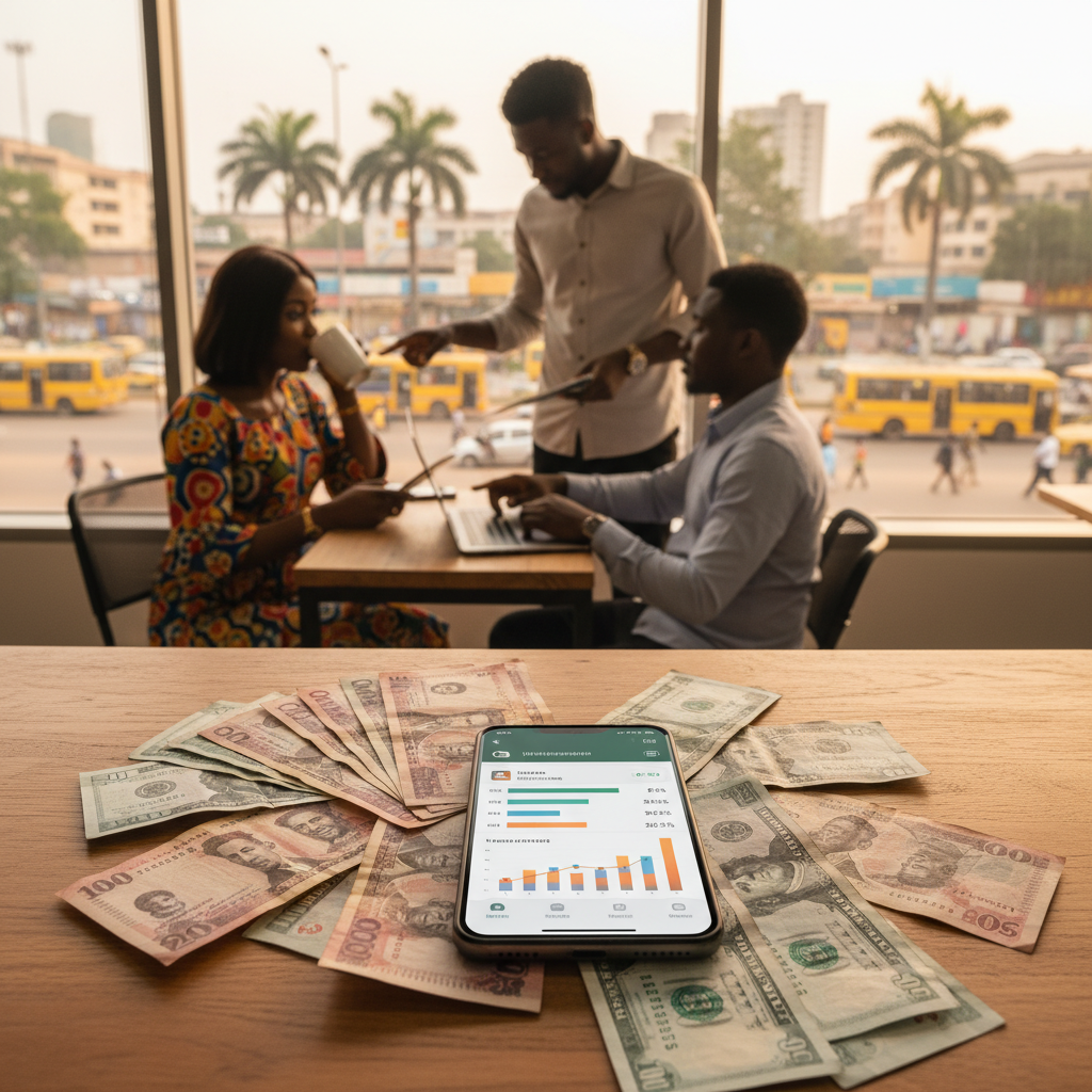 Naira and US Dollar notes next to a smartphone displaying an investment app, illustrating currency hedging.