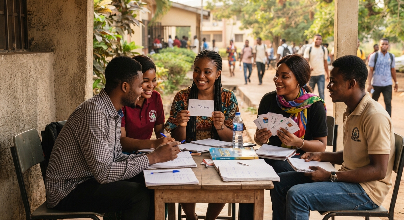 Nigerian students in Asaba studying French flashcards