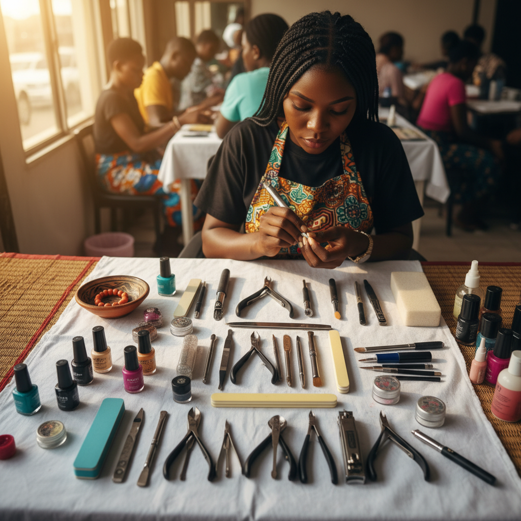 An organized flat lay of nail technician equipment including polishes, files, and a UV lamp.