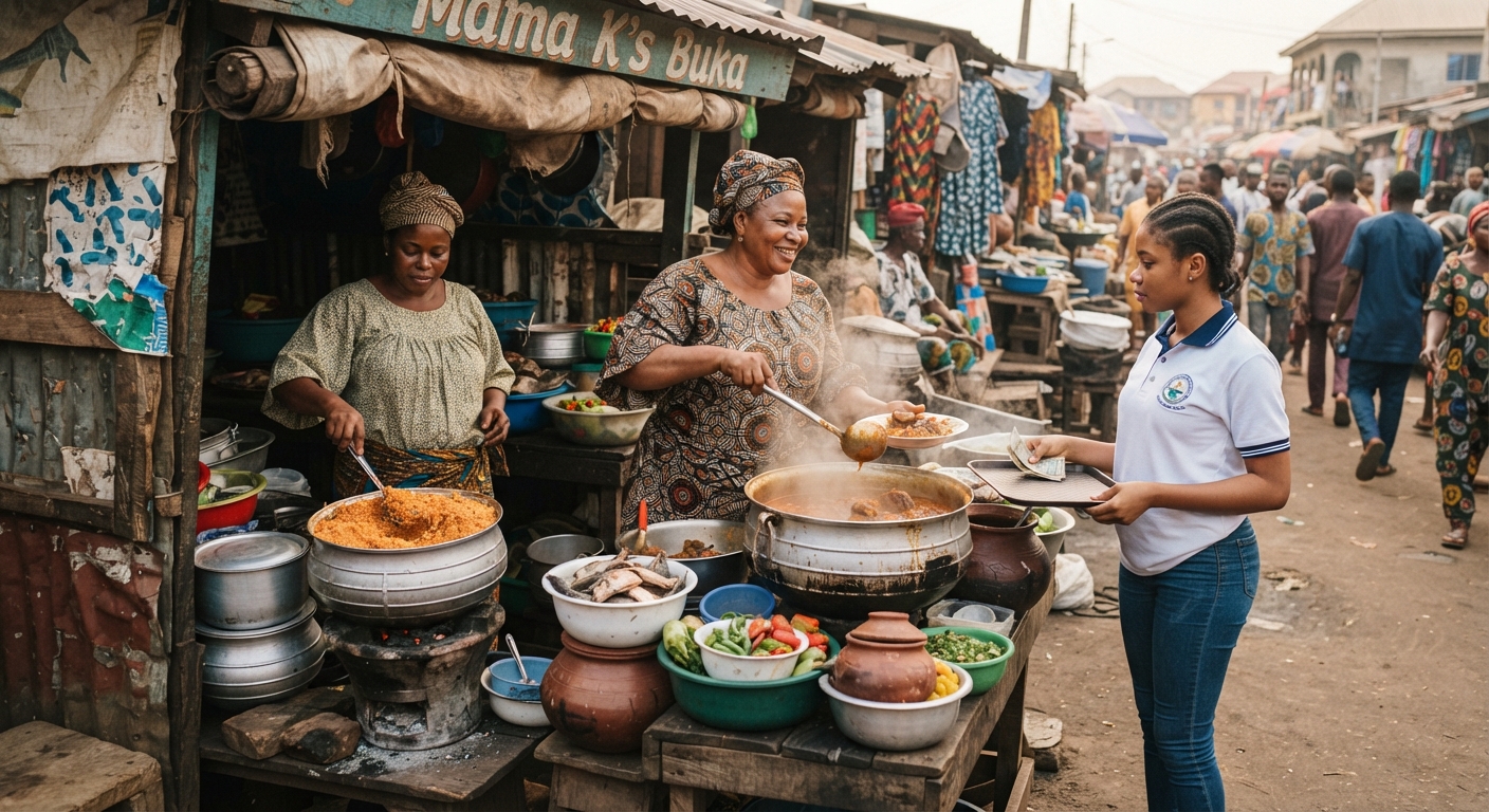 Busy food market scene in Warri with vendors selling various local dishes