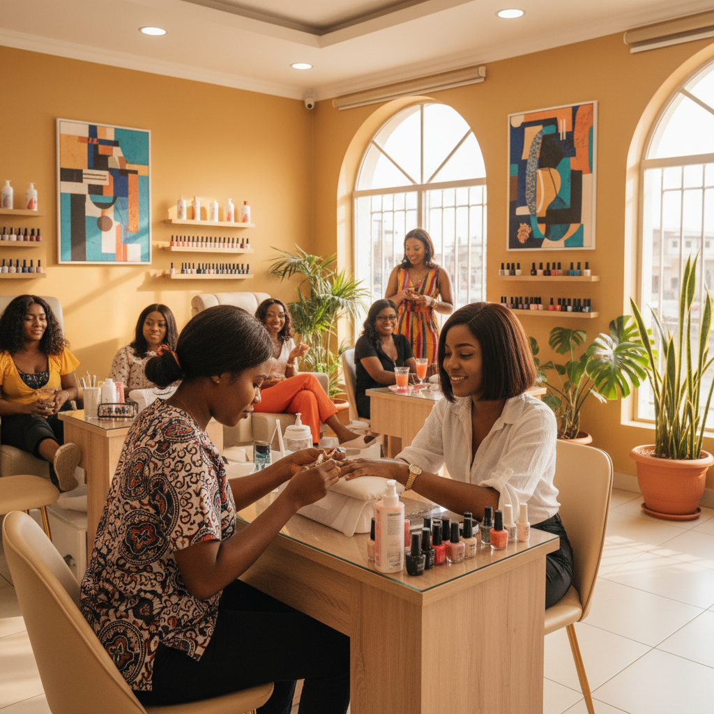 A professional Nigerian nail technician carefully applying acrylic nails for a client in a well-lit salon.