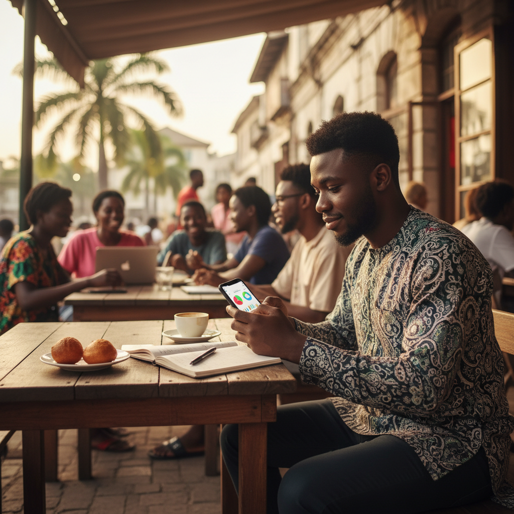 A young Nigerian professional smiling as they review their finances on a budgeting app on their smartphone.