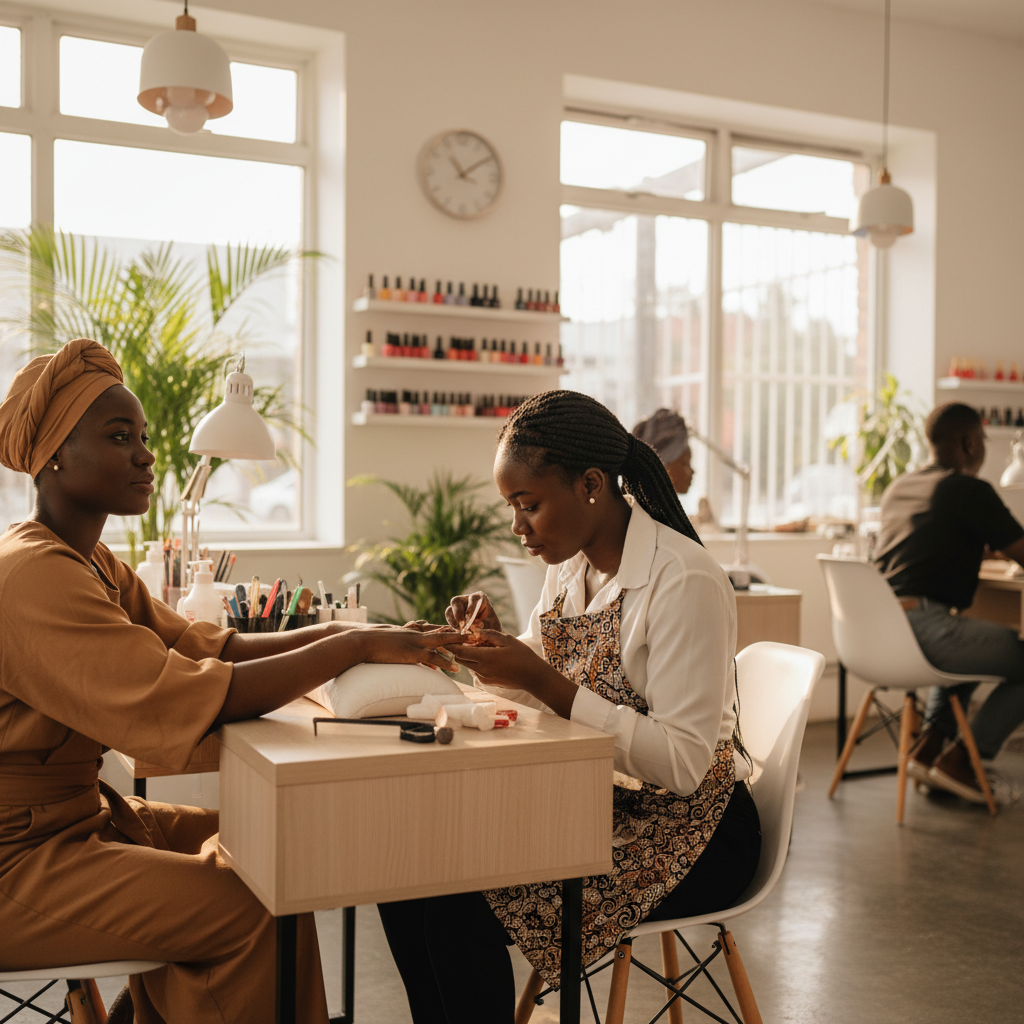 A skilled Nigerian nail technician carefully applying acrylic powder to a client's nail.