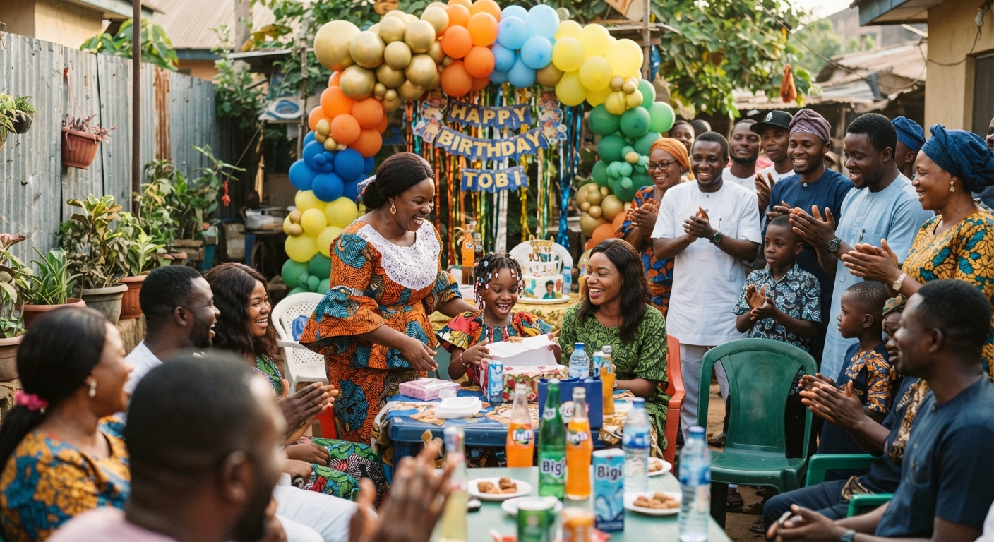 Colourful balloon arrangements and a themed backdrop for a birthday party in Ibadan.