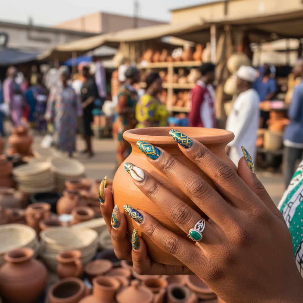 Detailed nail art on a Nigerian woman's manicured hands
