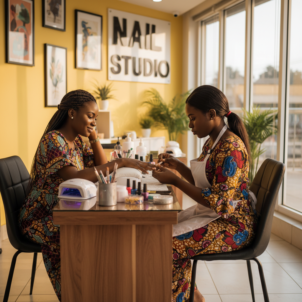 A professional Nigerian nail technician carefully applying an acrylic bead to a client's nail in a well-lit salon in Lagos.