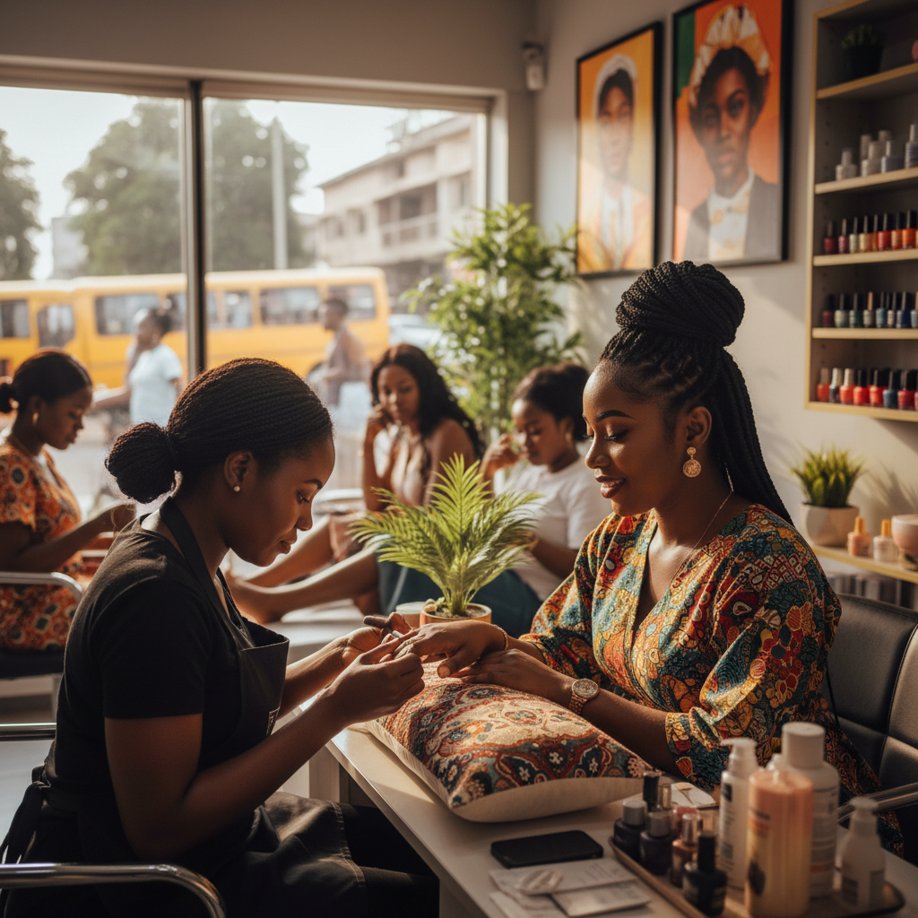 A Nigerian woman admiring her freshly done manicure in a bright and clean Lagos nail salon.
