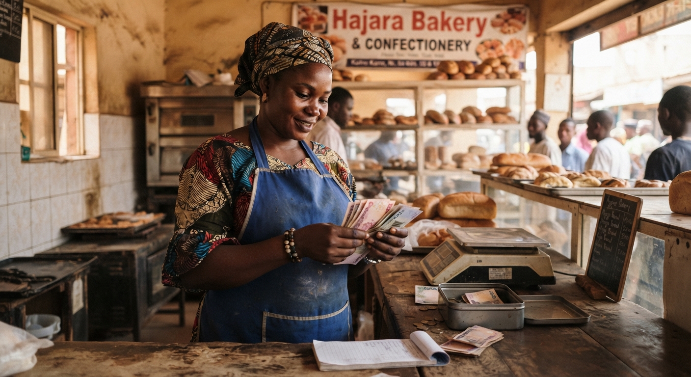 Bakery owner counting naira notes at the end of the day