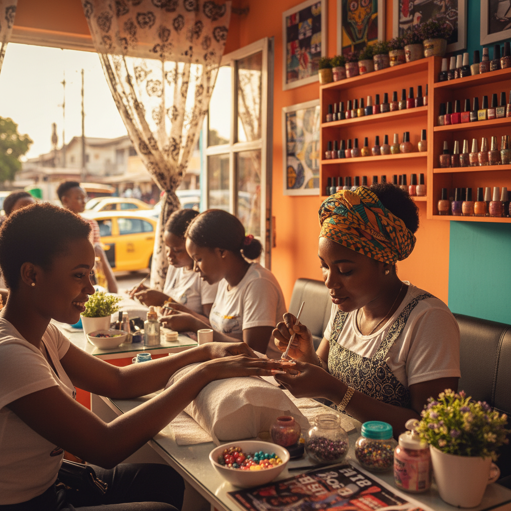 A skilled Nigerian nail technician applying acrylic powder to a client's nails in a bright salon.
