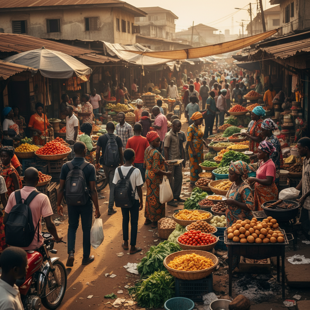 A woman shops for fresh produce at a local Nigerian market to save money on groceries.