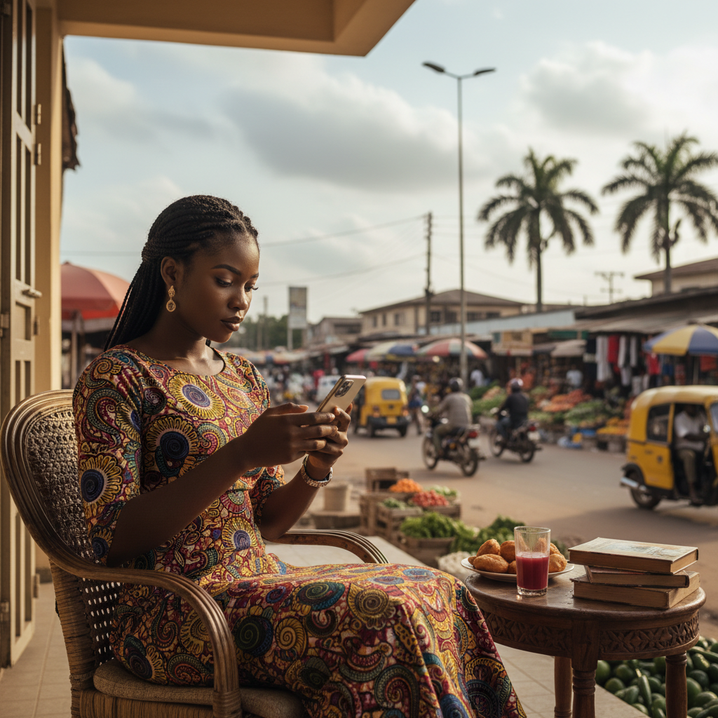 A young Nigerian woman smiling as she uses her phone, presumably booking a fitness trainer on the TrustAm app.