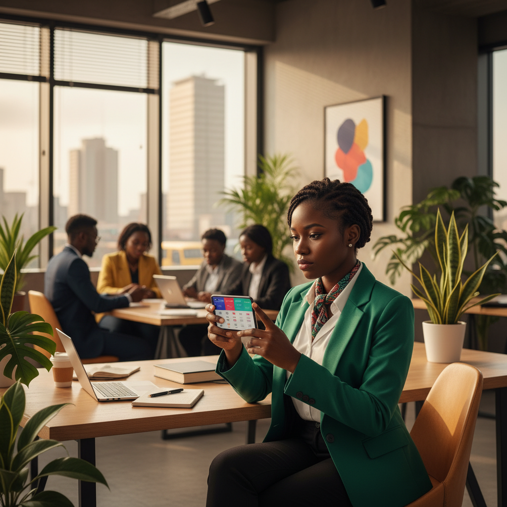 A young Nigerian professional checks her savings progress on a fintech app.