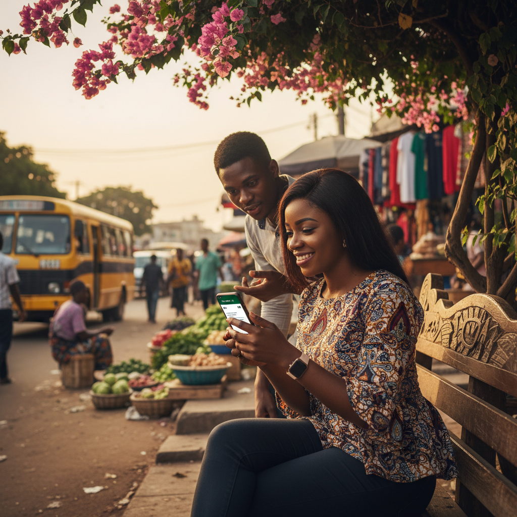A woman in Lagos using her smartphone to find a verified service provider on the TrustAm app.