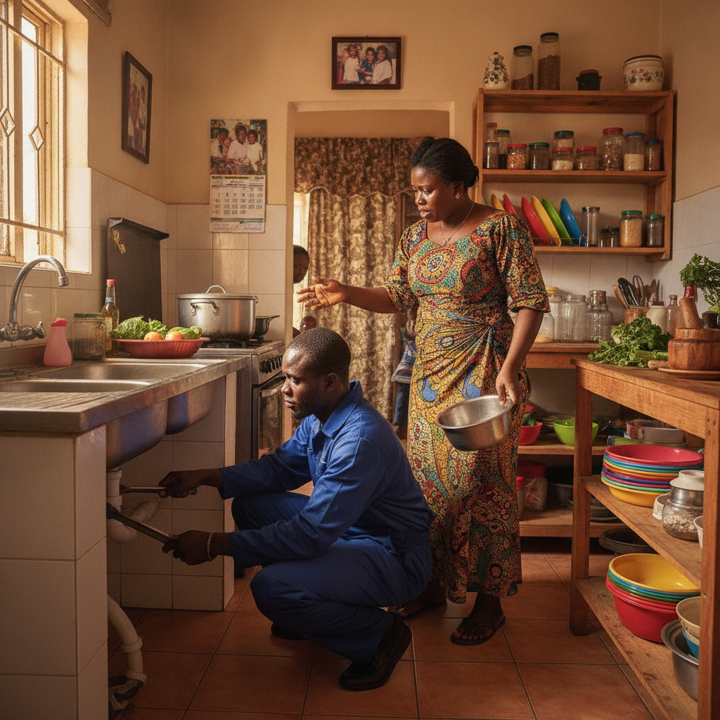 A professional plumber in uniform working on a kitchen sink in a modern Nigerian home.