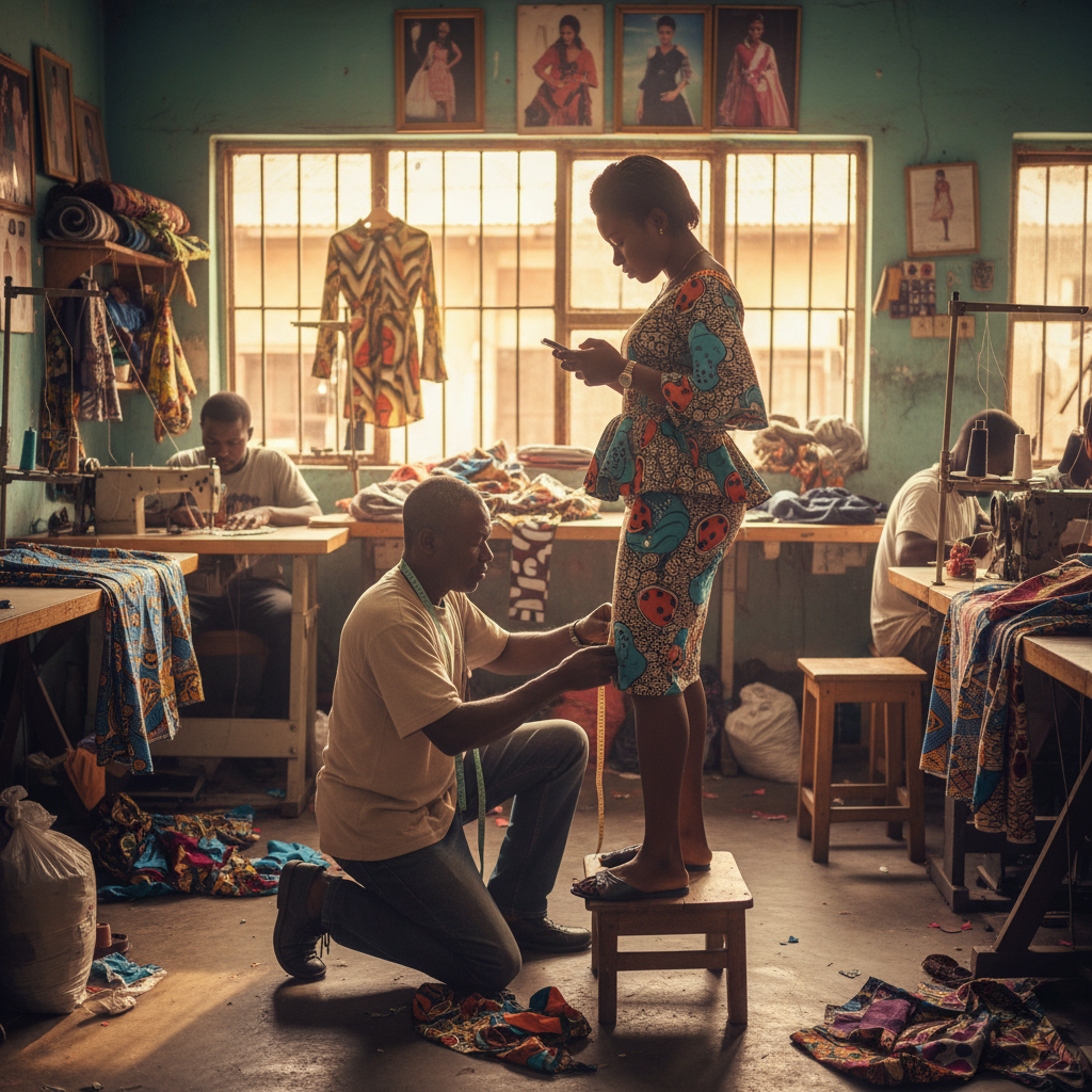 A skilled tailor in Aba taking measurements for a customer's custom outfit.