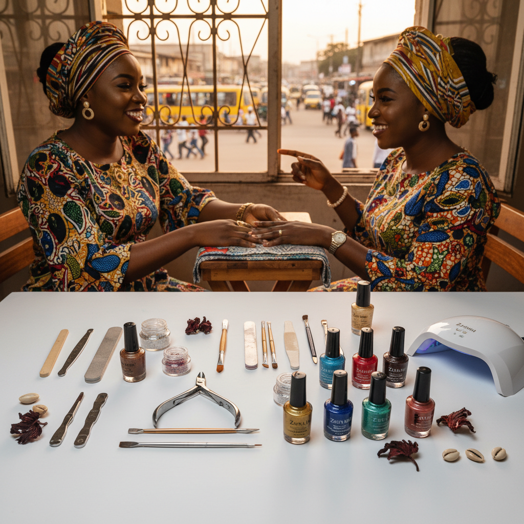 An organized collection of nail technician tools including colourful gel polishes, files, brushes, and an LED lamp.