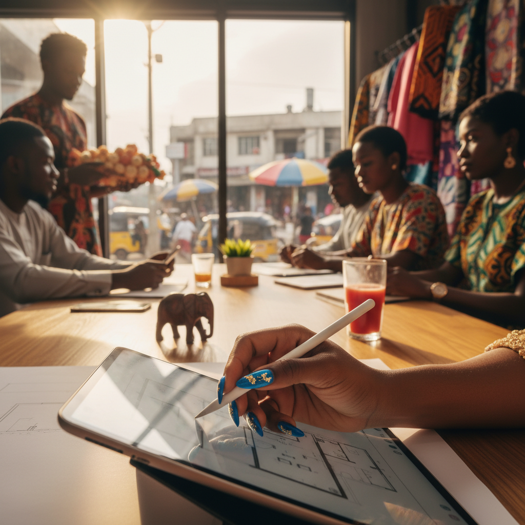 A close-up shot of perfectly applied Gel-X nails with minimalist art on a Nigerian woman's hand.