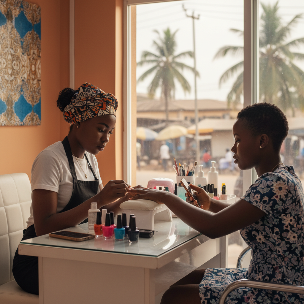 A skilled nail technician carefully applying acrylic to a client's nails in a bright Lagos salon.