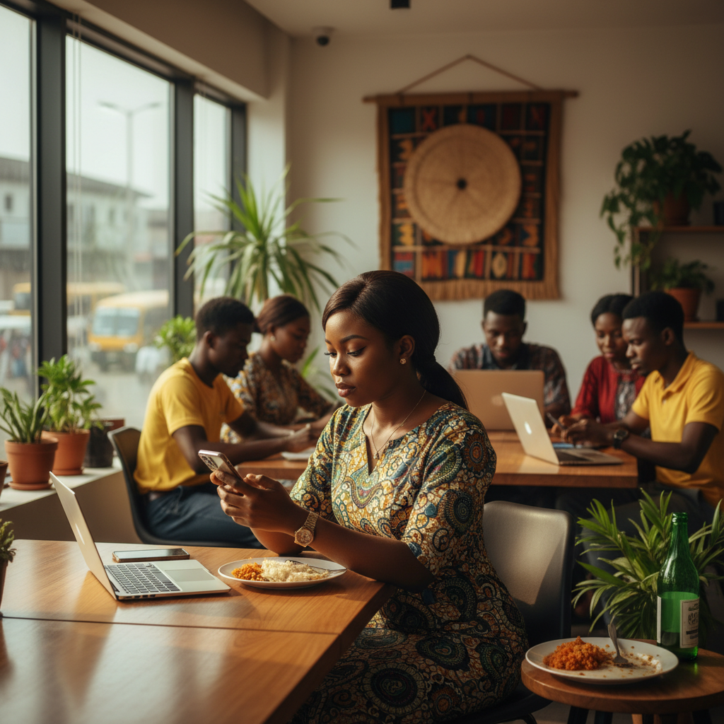 A young Nigerian entrepreneur setting up her nail technician profile on the TrustAm app.