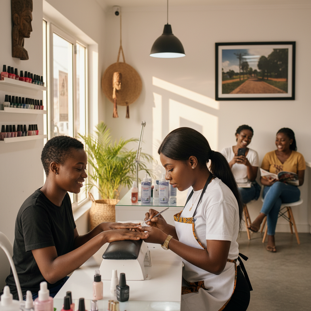 A skilled Nigerian nail technician carefully applying acrylic nails for a client.