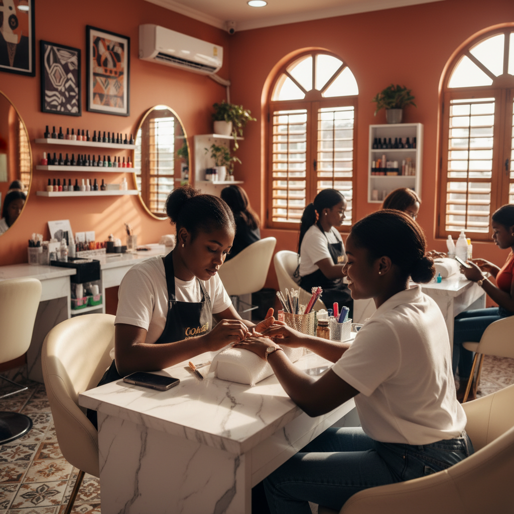 A professional nail technician carefully applying an acrylic bead to a client's nail in a well-lit salon in Lagos.
