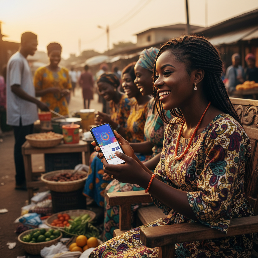 A happy Nigerian woman using the TrustAm app on her smartphone to book a local service provider.