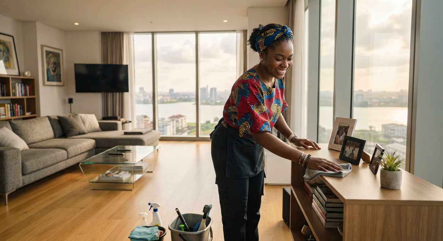 Woman cleaning a modern apartment in Victoria Island, Lagos.