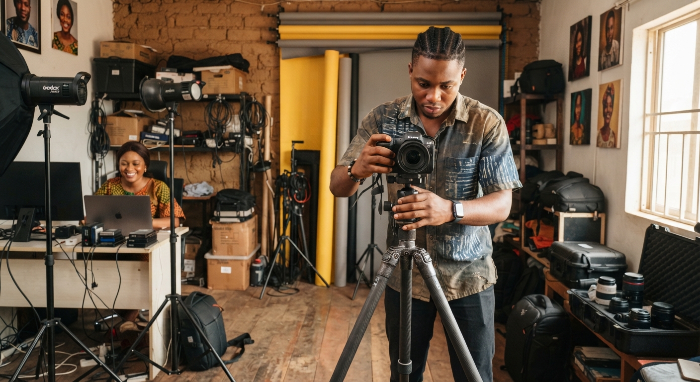 A photographer setting up professional camera equipment in a studio in Aba.