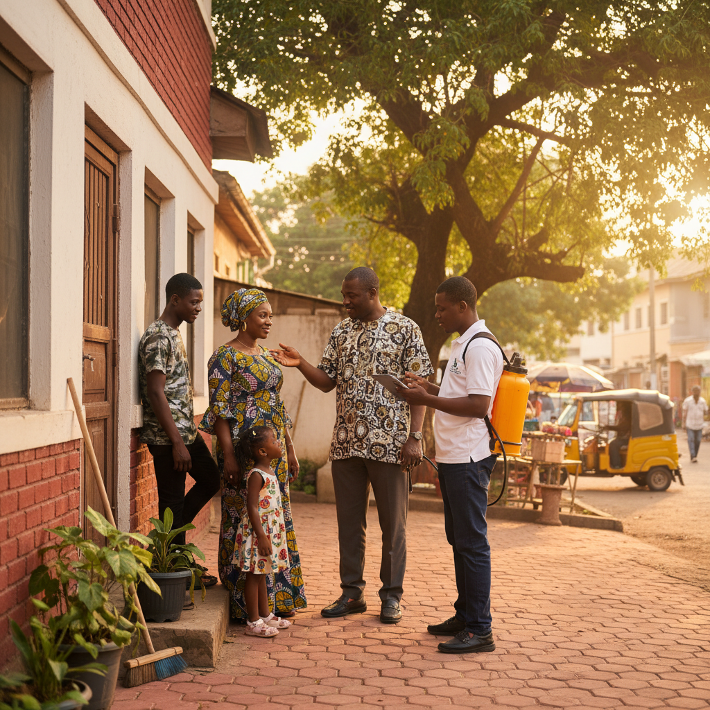 A Nigerian homeowner discussing fumigation details with a professional technician outside their house.