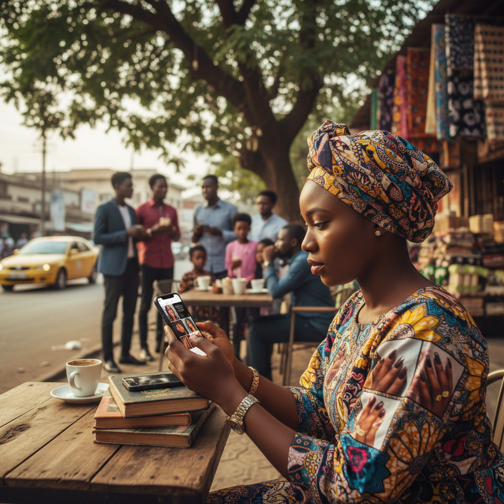 A young Nigerian woman smiling as she uses the TrustAm app on her smartphone to browse for nail technicians.
