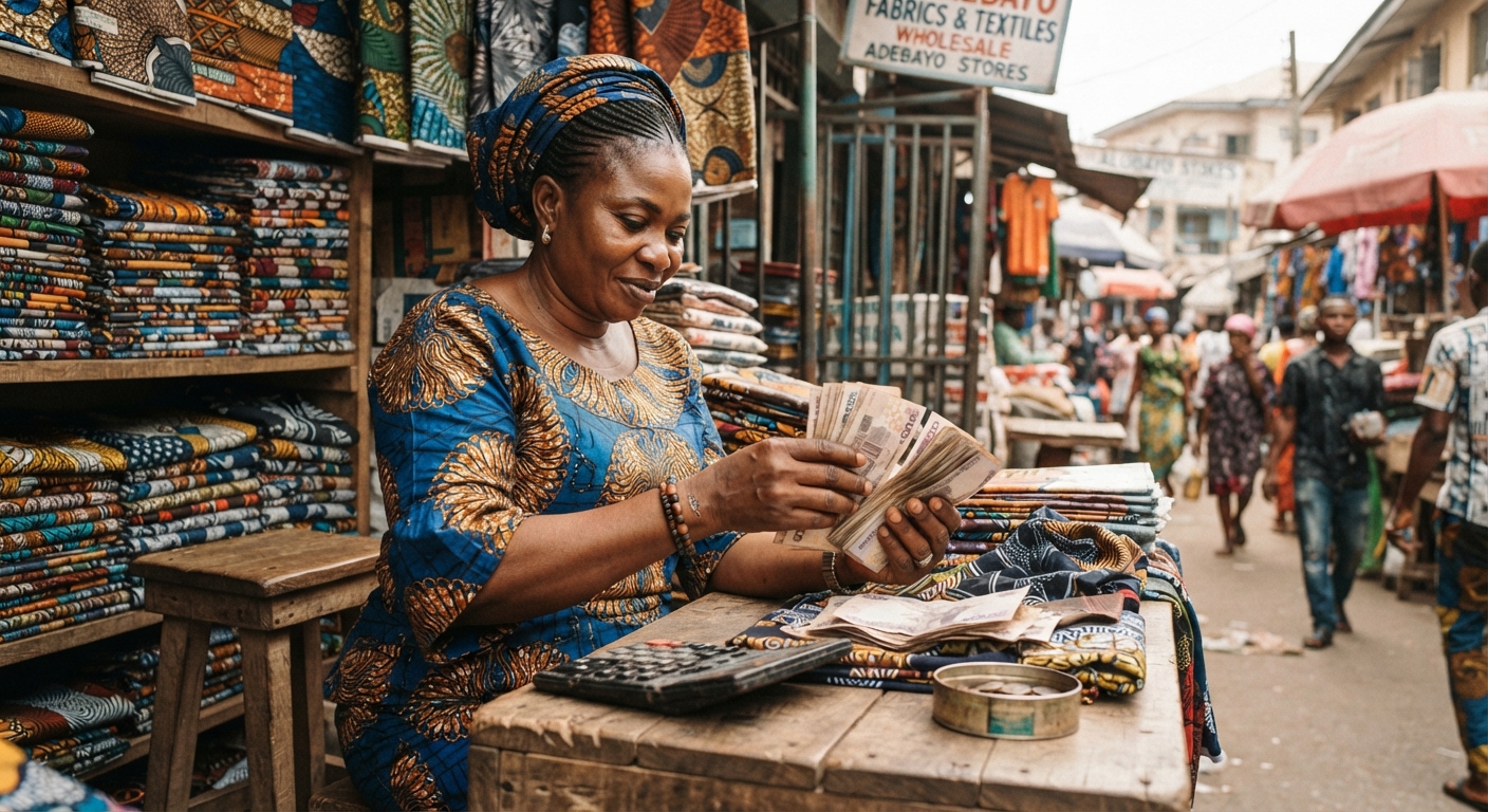 Nigerian woman trader counting naira at a fabric stall