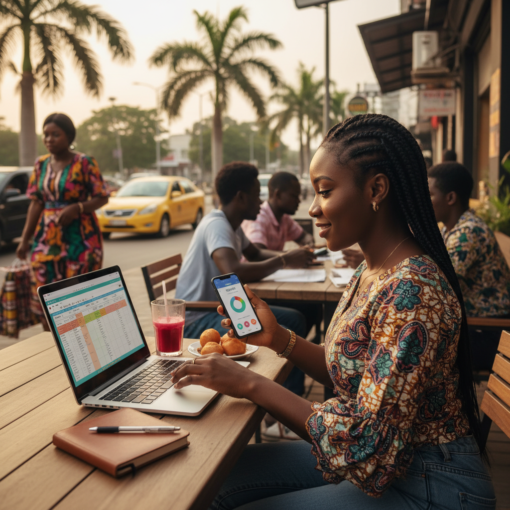 A young Nigerian entrepreneur managing her business finances on a laptop and smartphone.