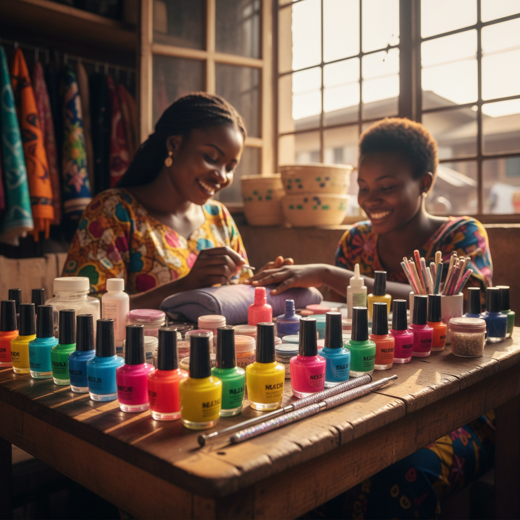 A colorful array of nail polishes and tools needed for a nail technician starter kit.