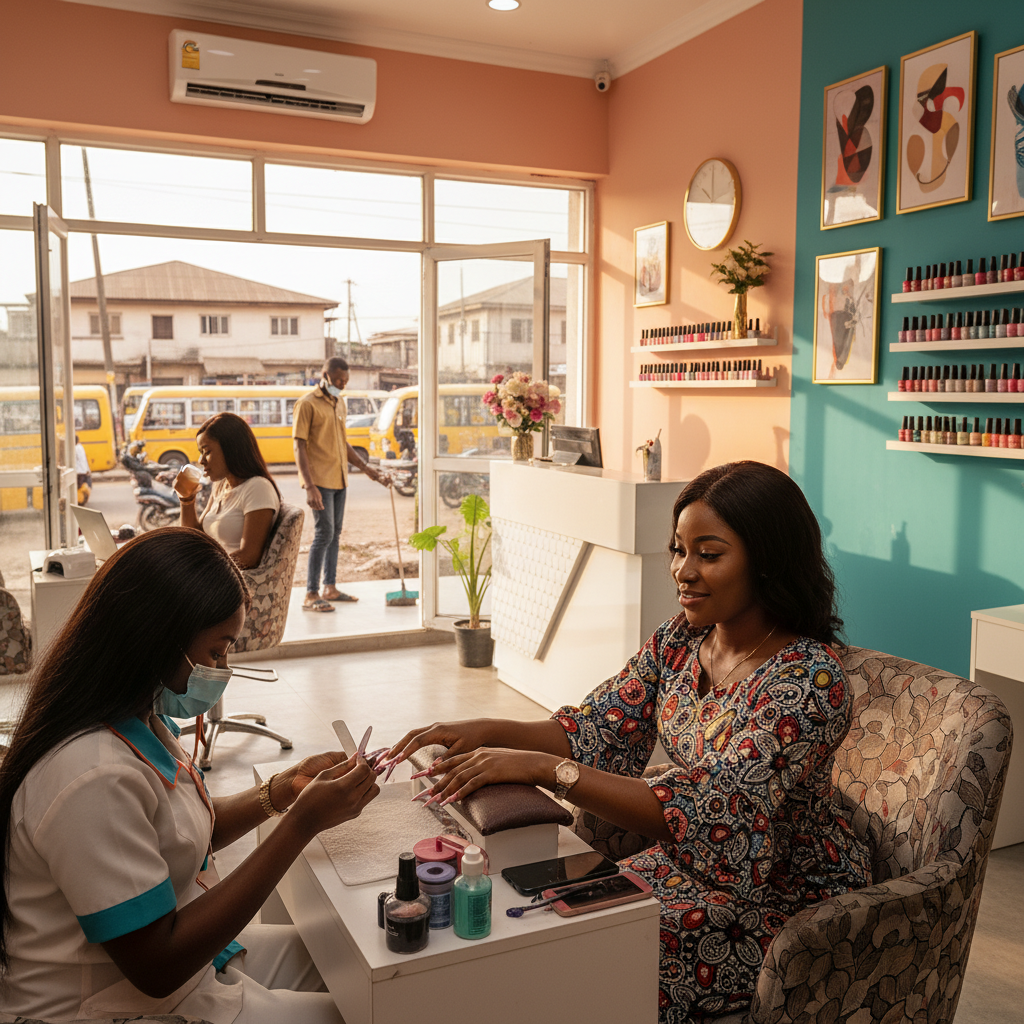 A Nigerian woman having her acrylic nails professionally applied in a modern and clean Lagos salon.