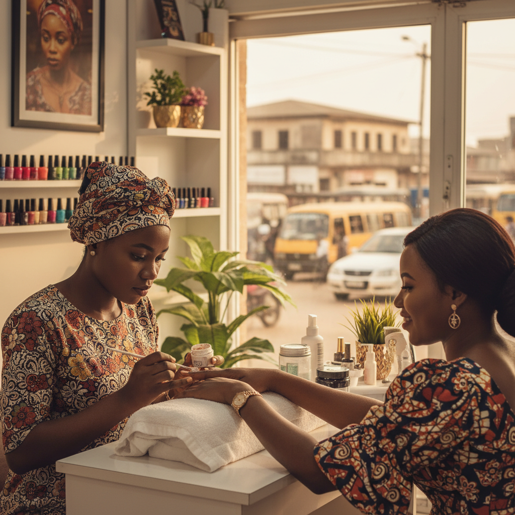 A skilled Nigerian nail technician carefully applying acrylic powder to a client's nail in a well-lit salon in Lagos.