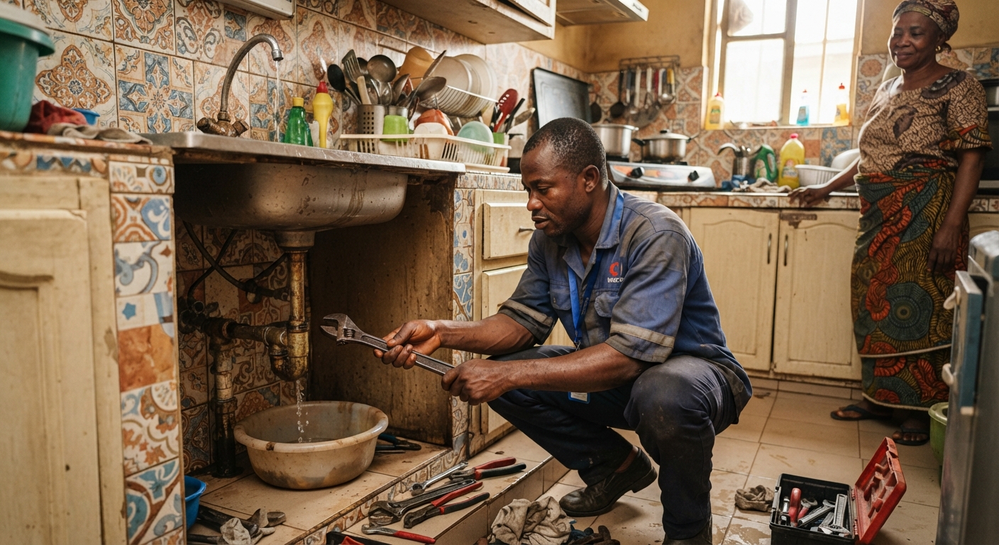 Plumber fixing a leaky faucet in a Nigerian kitchen
