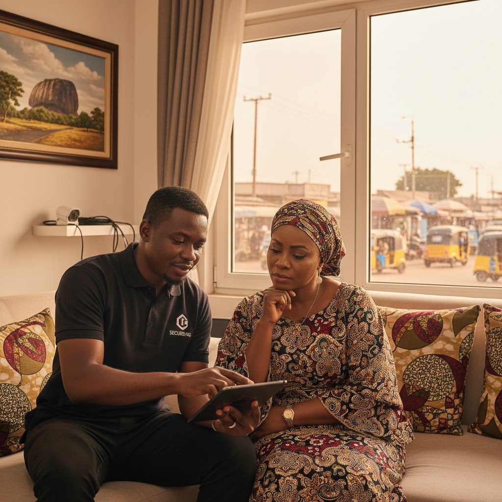 A CCTV installer showing a homeowner in Nigeria how to use their new security system on a tablet.