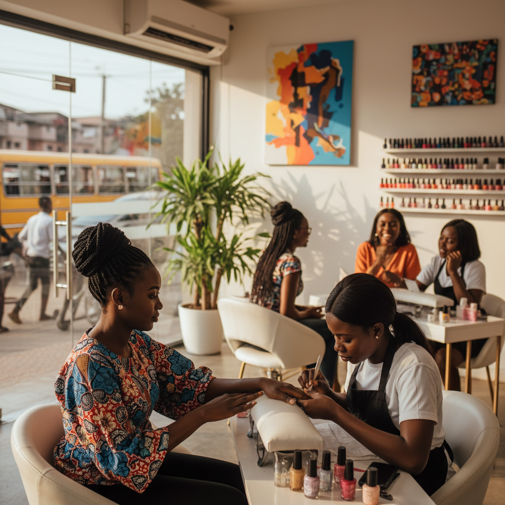 A nail technician carefully applying polish to a client's nails in a well-lit Lagos salon.