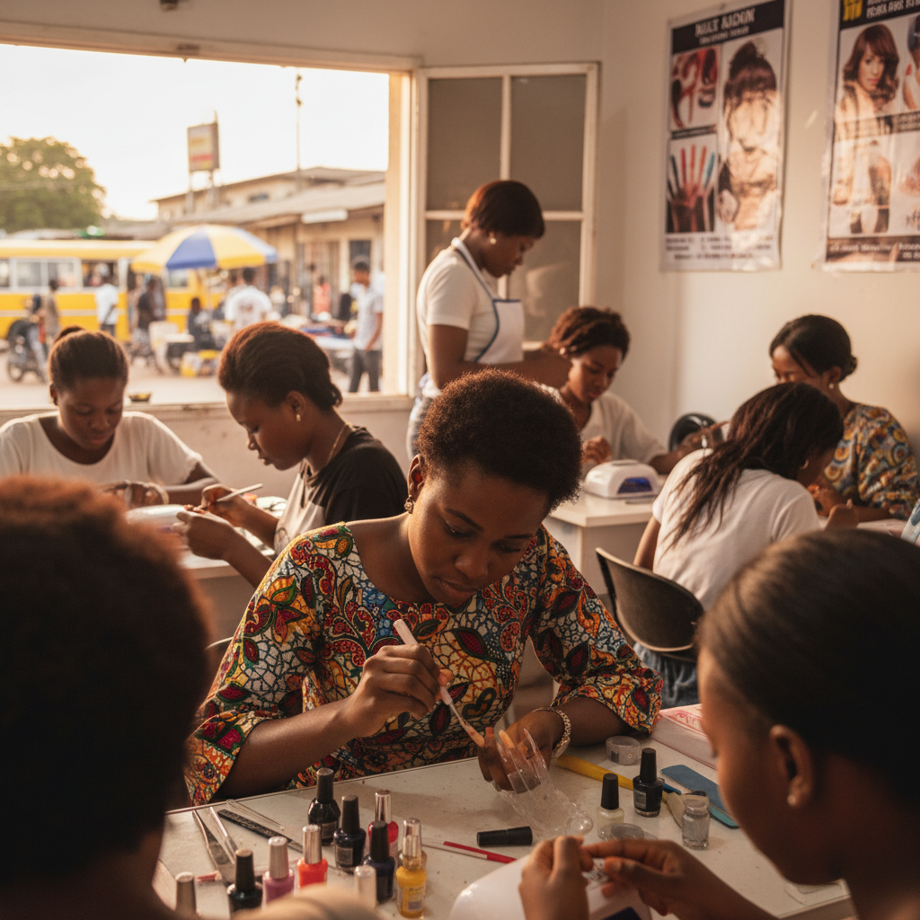 A Nigerian student practicing nail art on a mannequin hand in a training academy.
