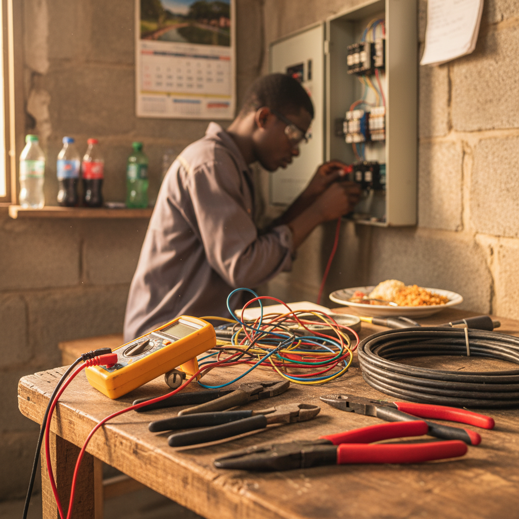 A collection of essential electrician tools like a multimeter, pliers, and wire strippers on a workbench.