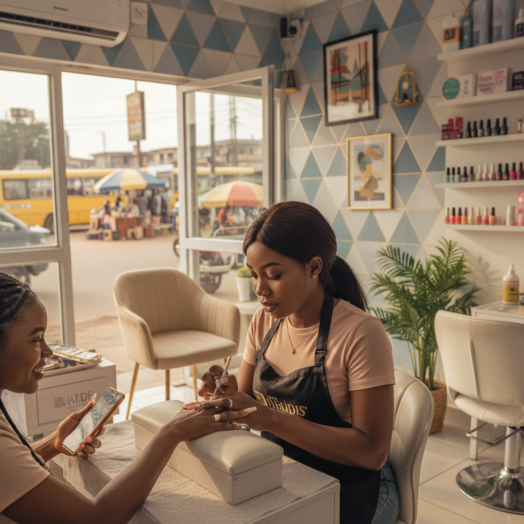 A professional nail technician in Lagos carefully applying a nail extension for a client.