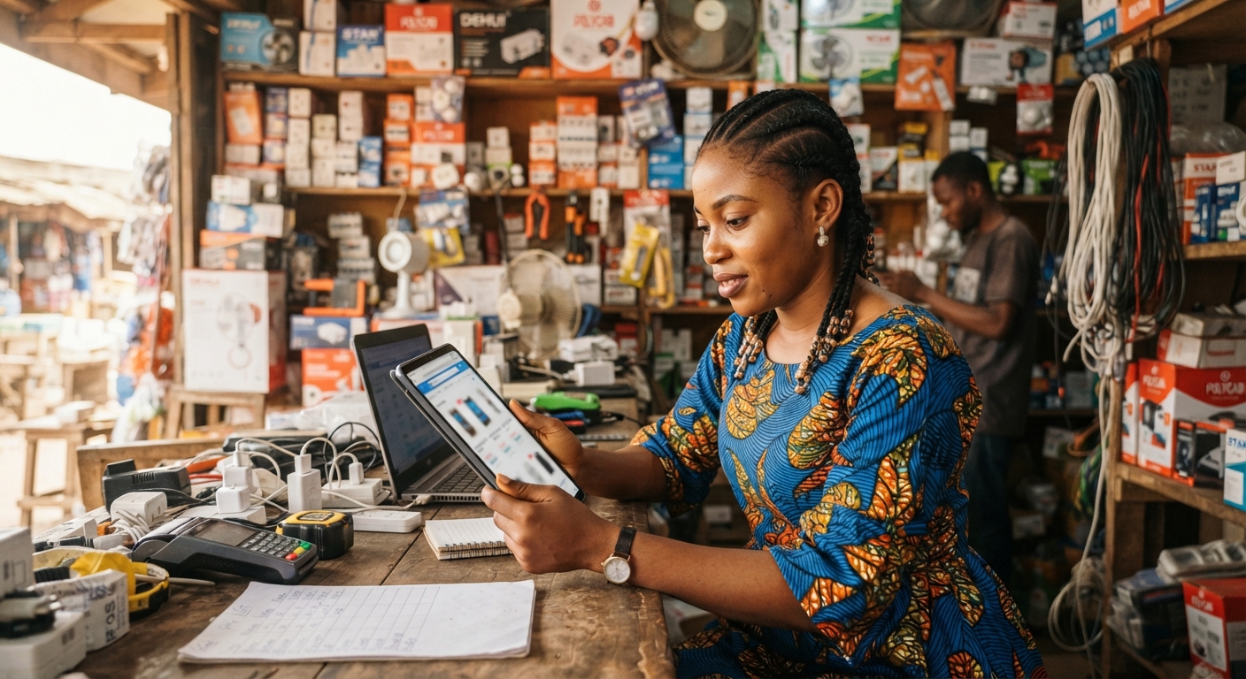 Young Nigerian woman comparing electrical service prices on a tablet device