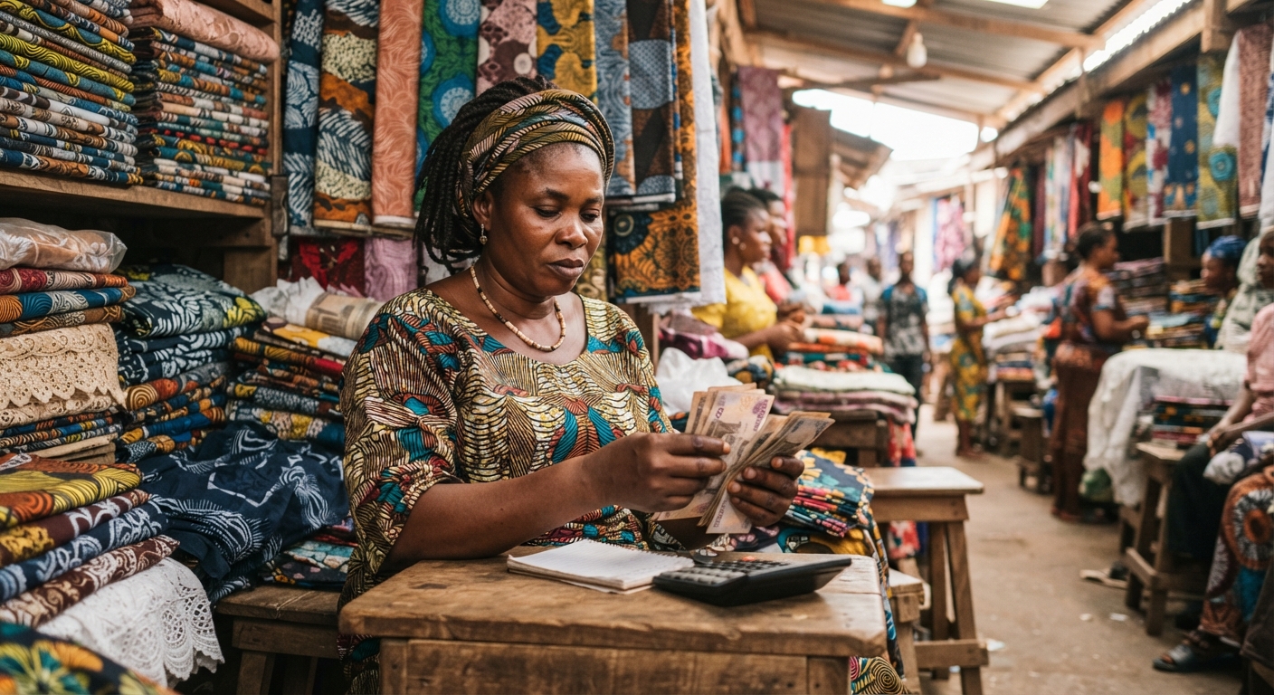 Nigerian woman trader counting naira at fabric stall
